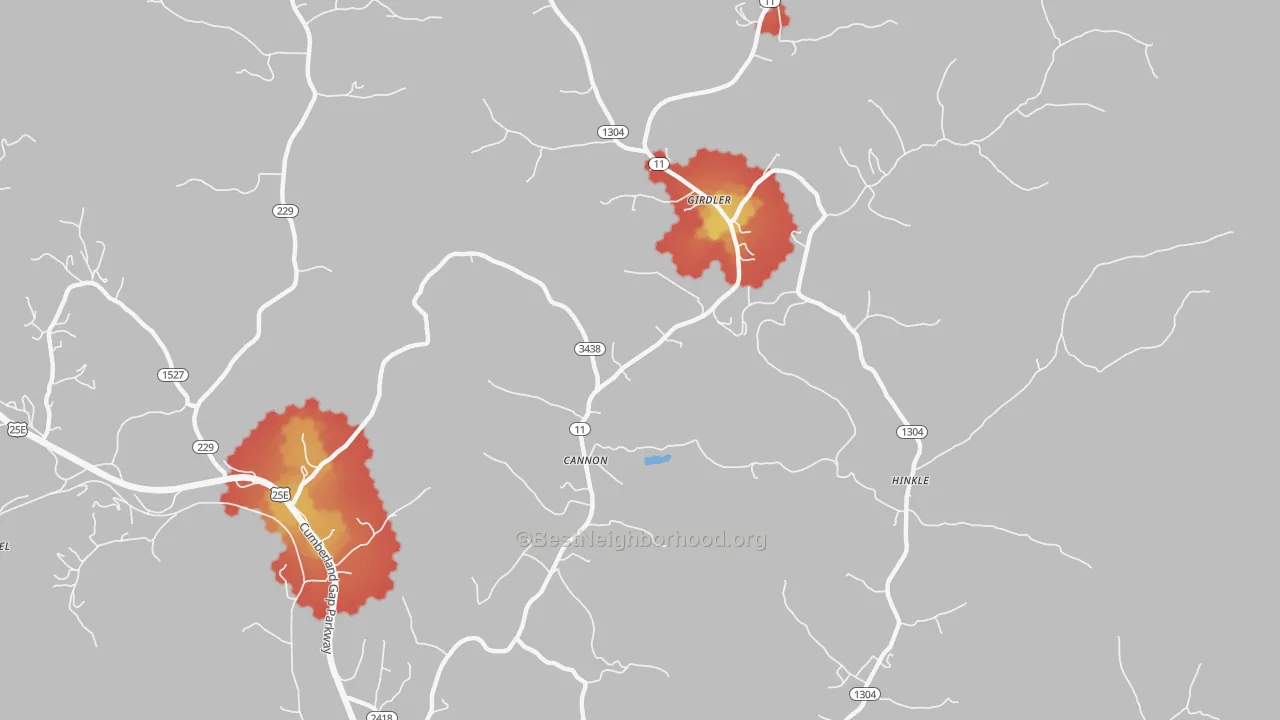 Walk Grade map of 40923, KY, walkable areas in green and car-dependent areas in red