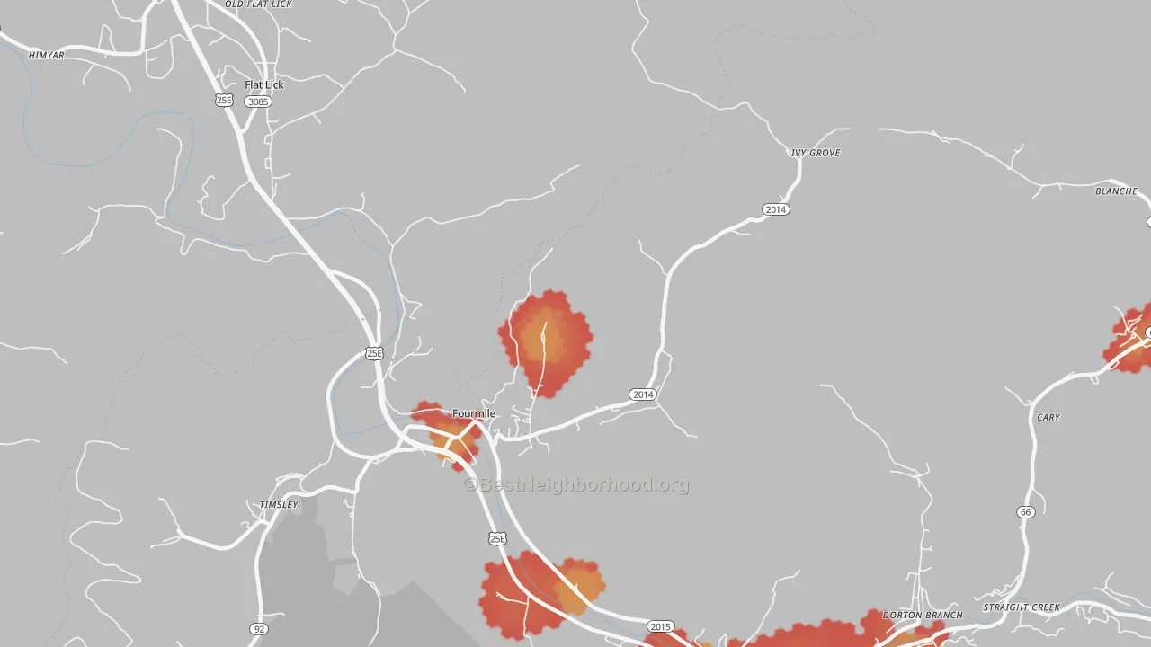 Walk Grade map of 40939, KY, walkable areas in green and car-dependent areas in red