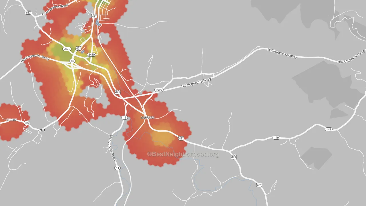 Walk Grade map of 40941, KY, walkable areas in green and car-dependent areas in red