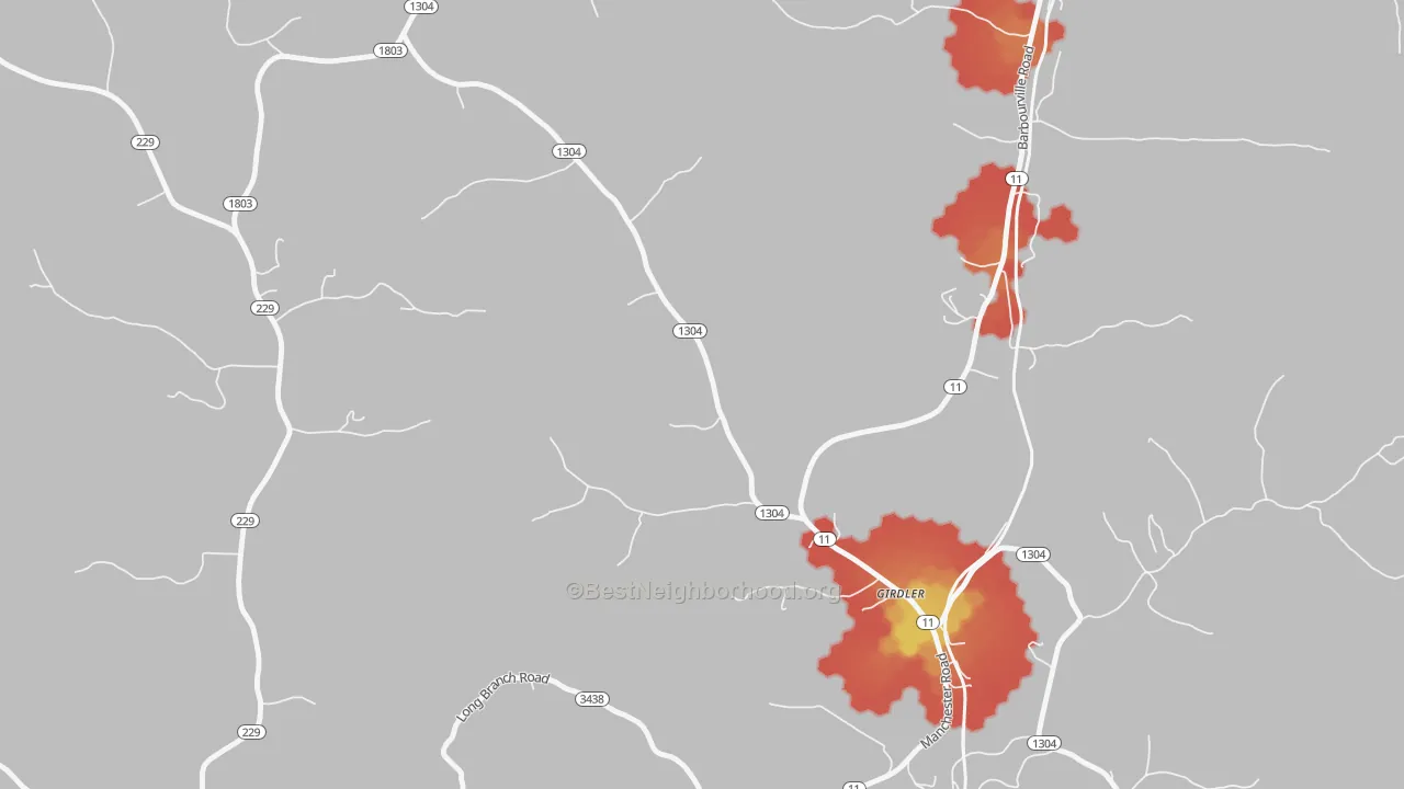Walk Grade map of 40943, KY, walkable areas in green and car-dependent areas in red