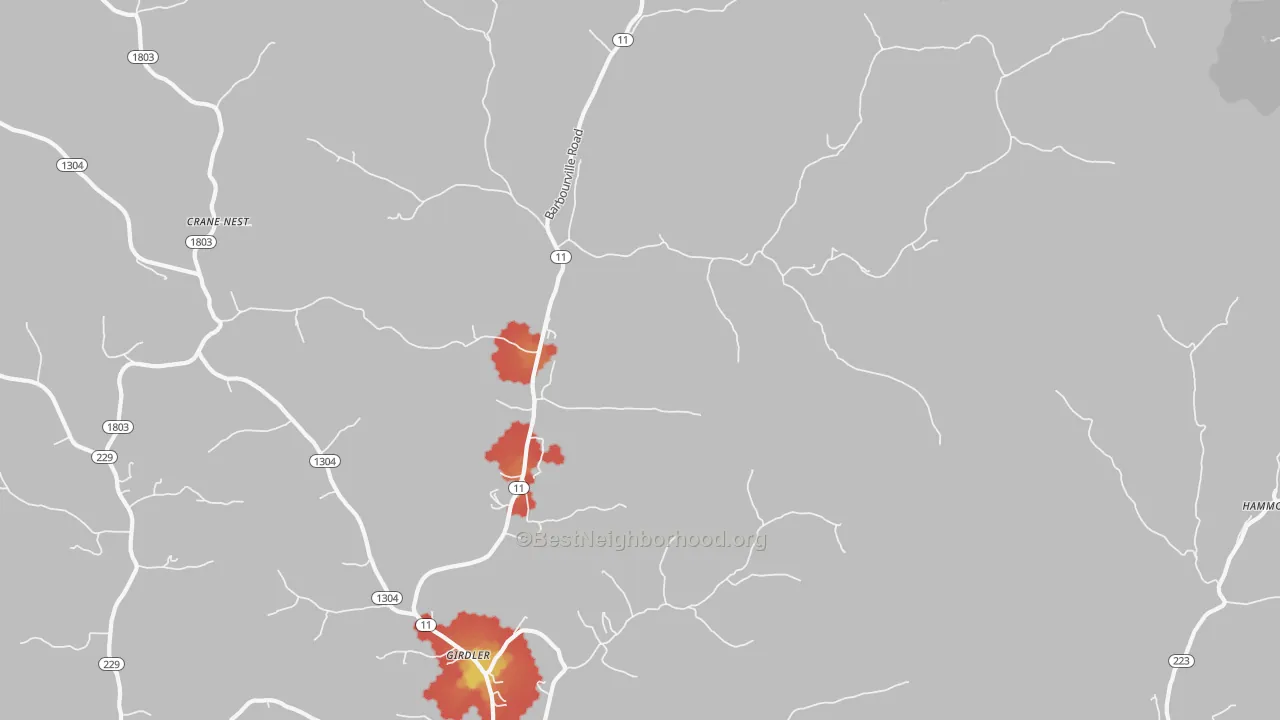 Walk Grade map of 40946, KY, walkable areas in green and car-dependent areas in red