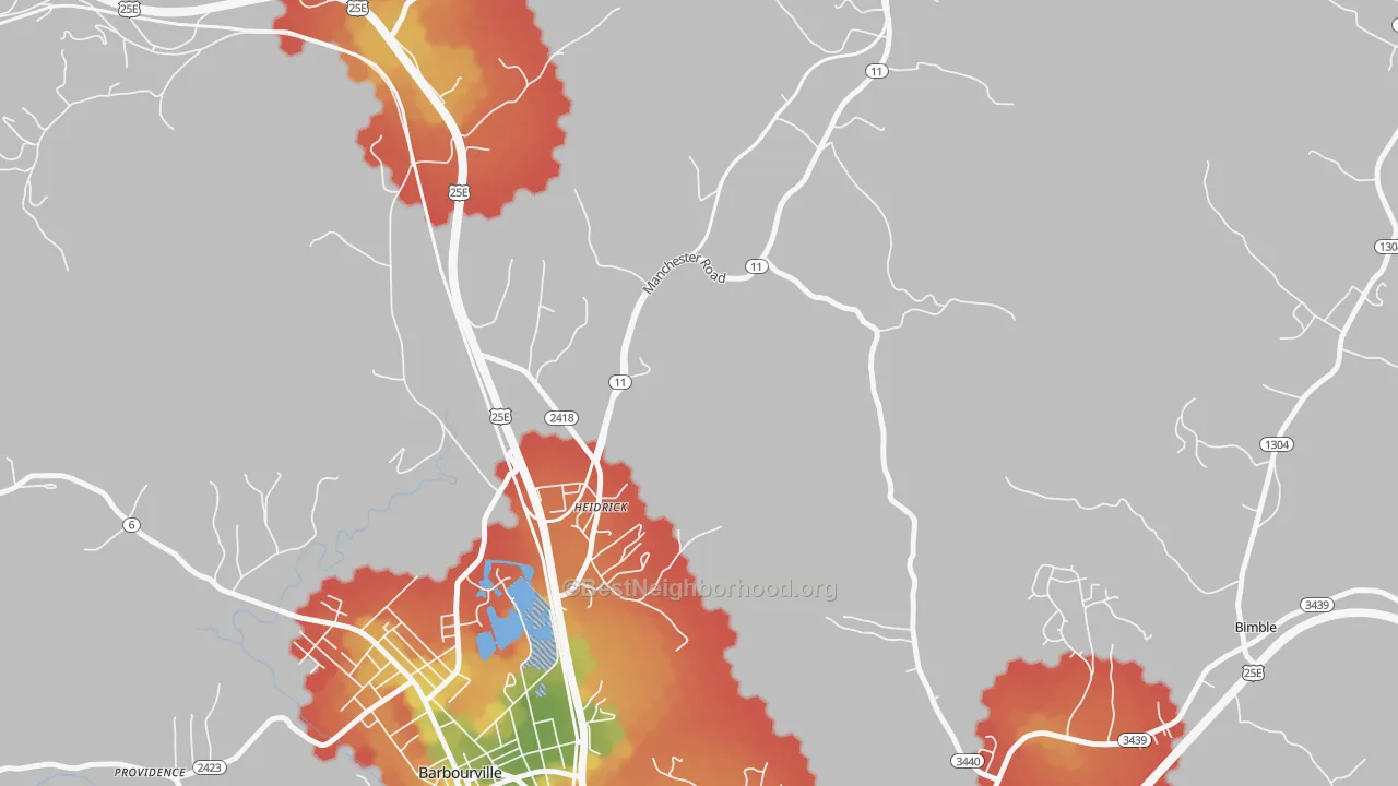 Walk Grade map of 40949, KY, walkable areas in green and car-dependent areas in red