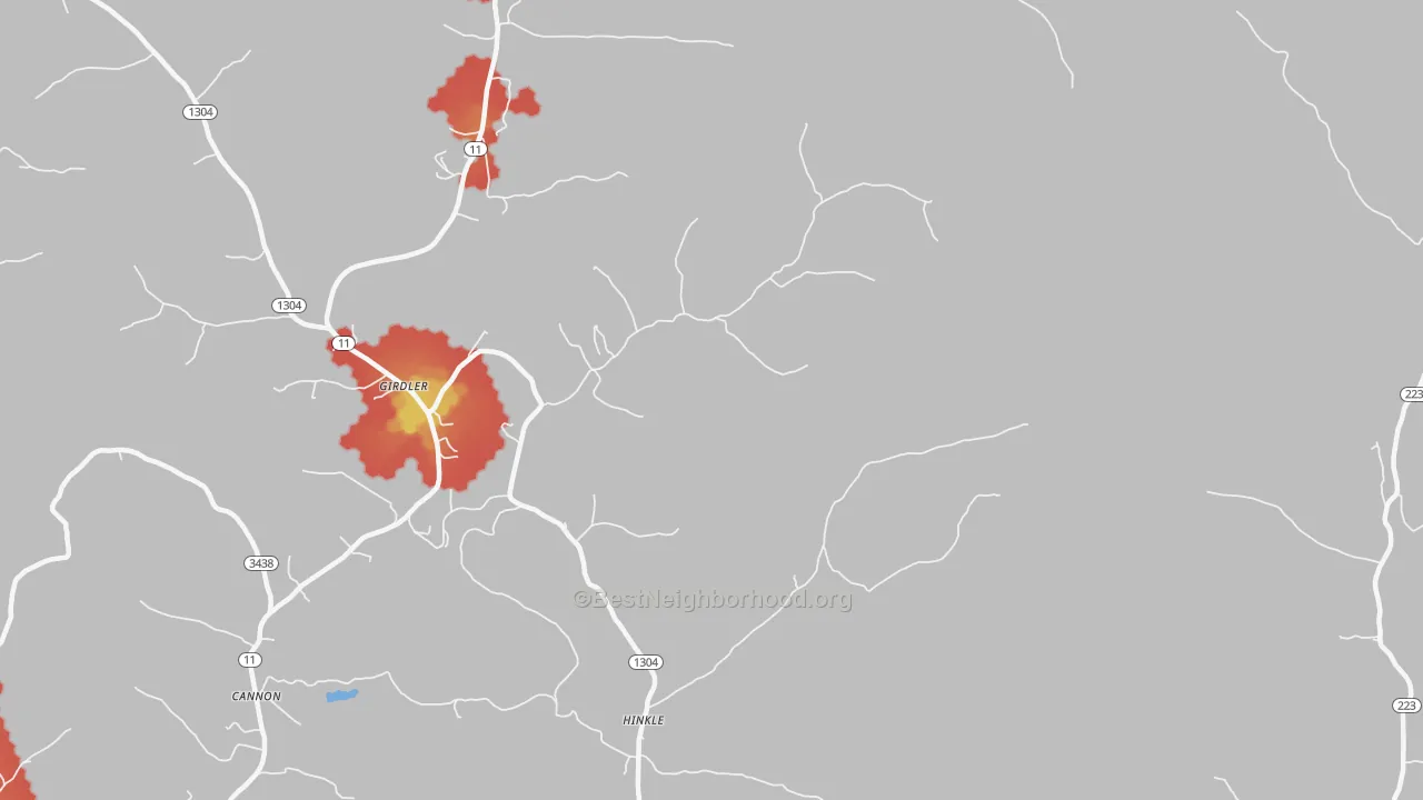 Walk Grade map of 40953, KY, walkable areas in green and car-dependent areas in red