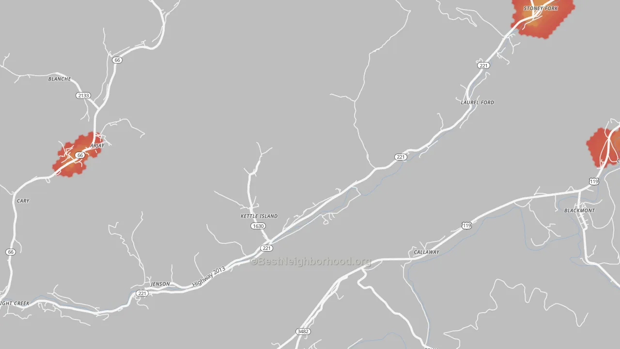 Walk Grade map of 40958, KY, walkable areas in green and car-dependent areas in red
