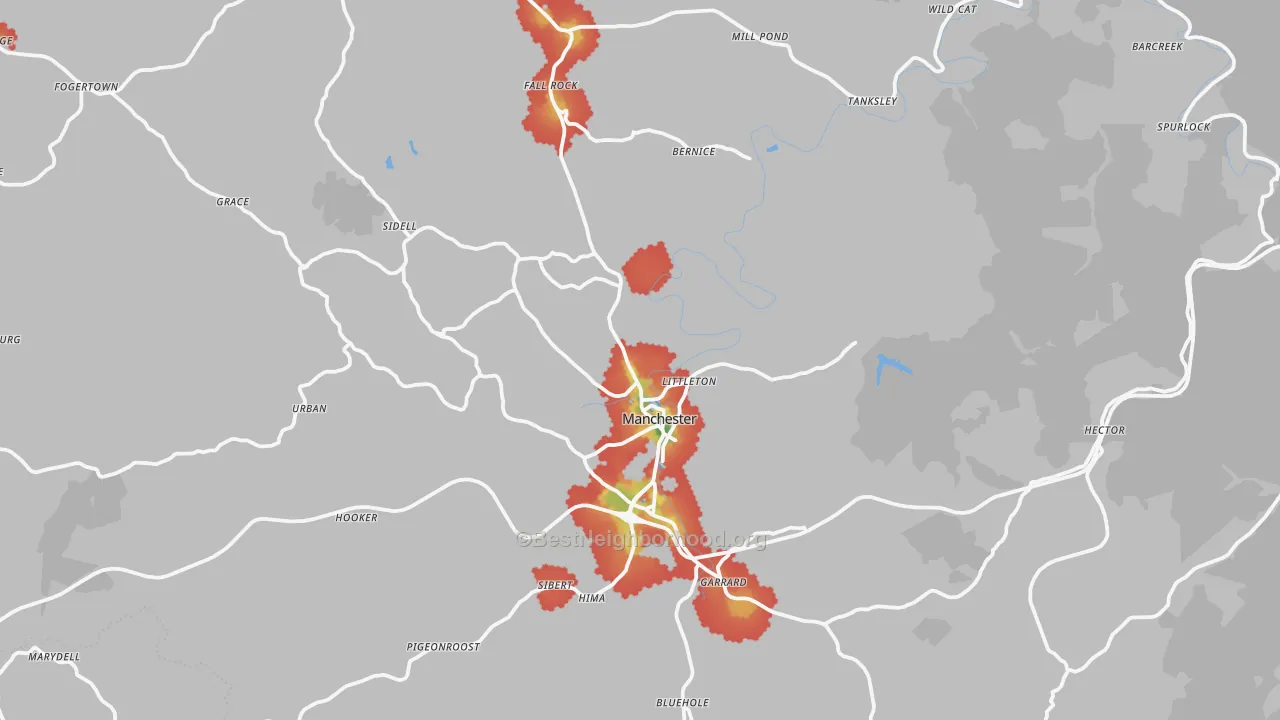 Walk Grade map of 40962, KY, walkable areas in green and car-dependent areas in red