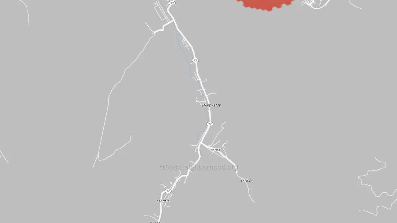 Walk Grade map of 40964, KY, walkable areas in green and car-dependent areas in red