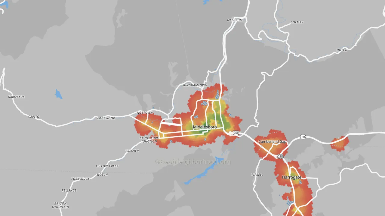Walk Grade map of 40965, KY, walkable areas in green and car-dependent areas in red