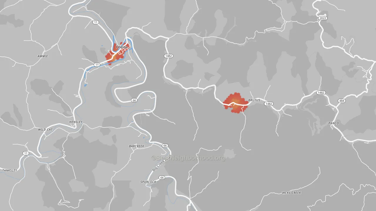 Walk Grade map of 40972, KY, walkable areas in green and car-dependent areas in red