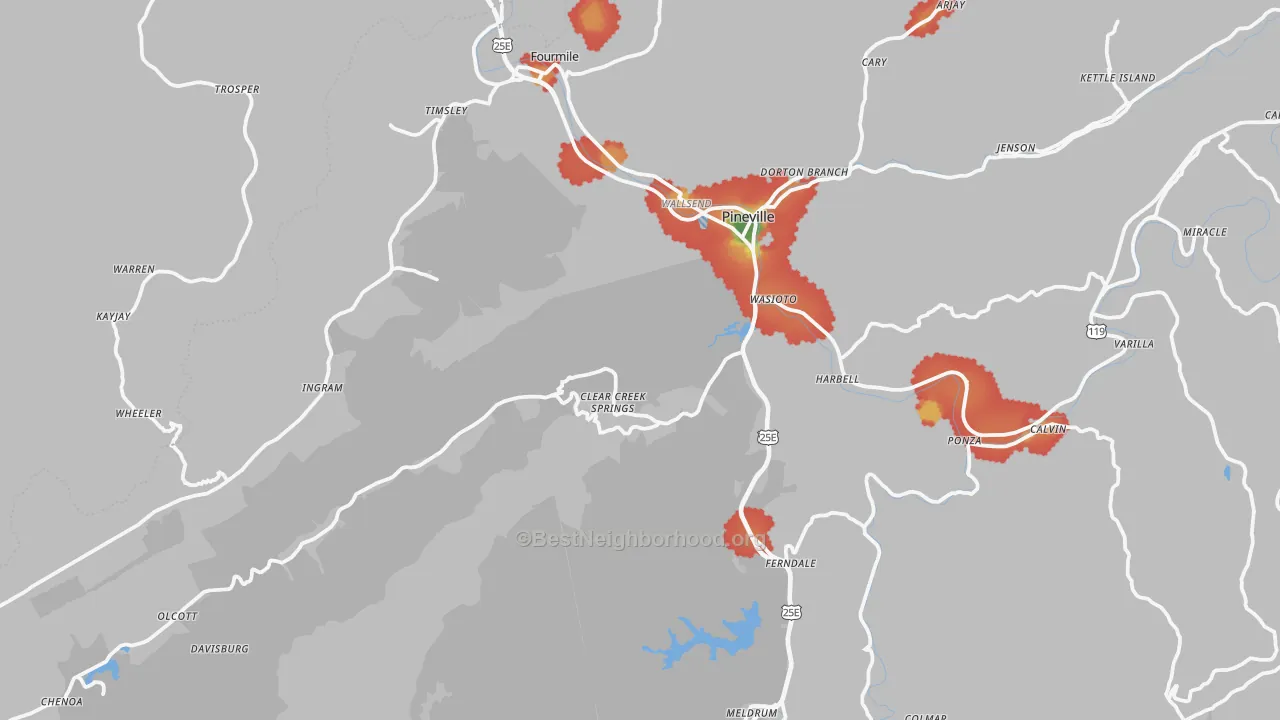 Walk Grade map of 40977, KY, walkable areas in green and car-dependent areas in red