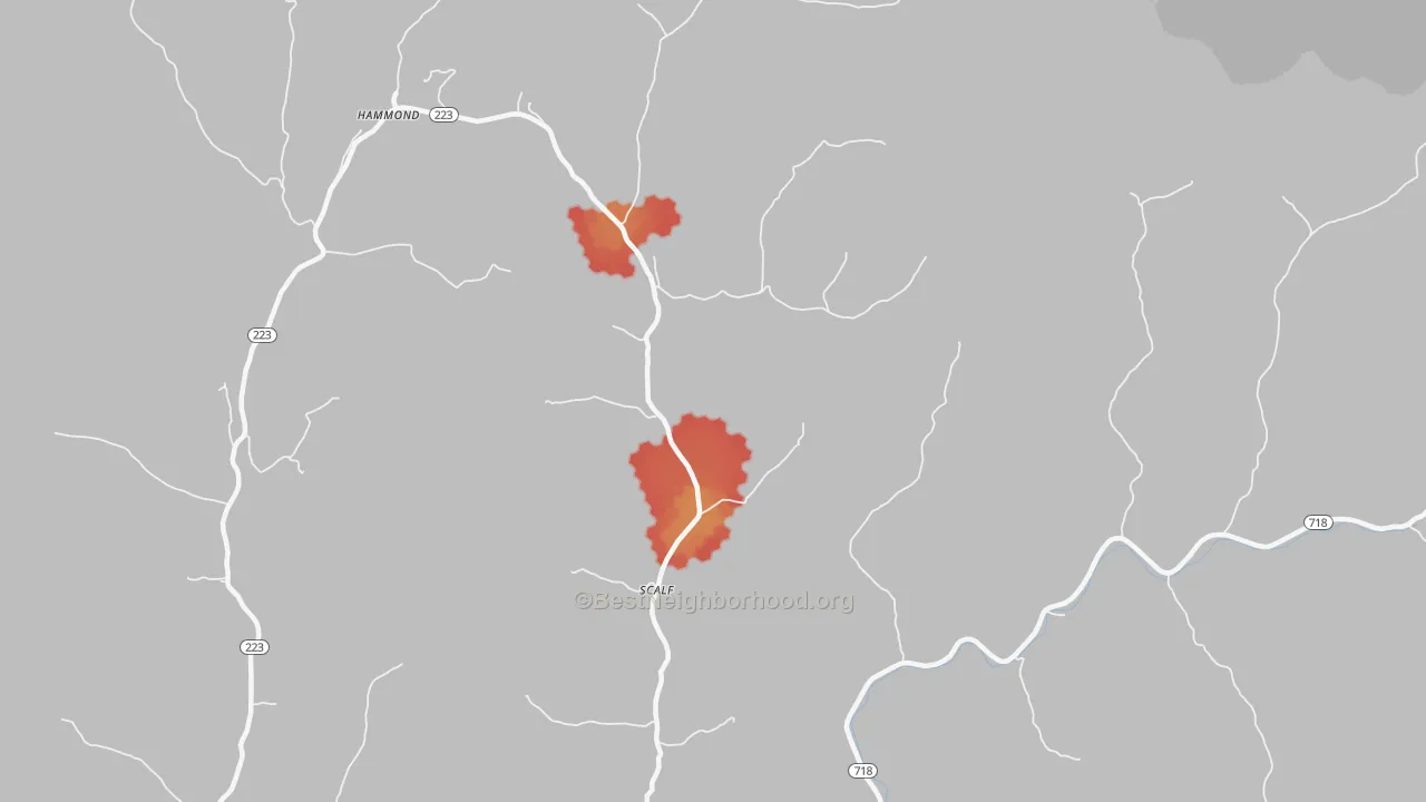 Walk Grade map of 40982, KY, walkable areas in green and car-dependent areas in red