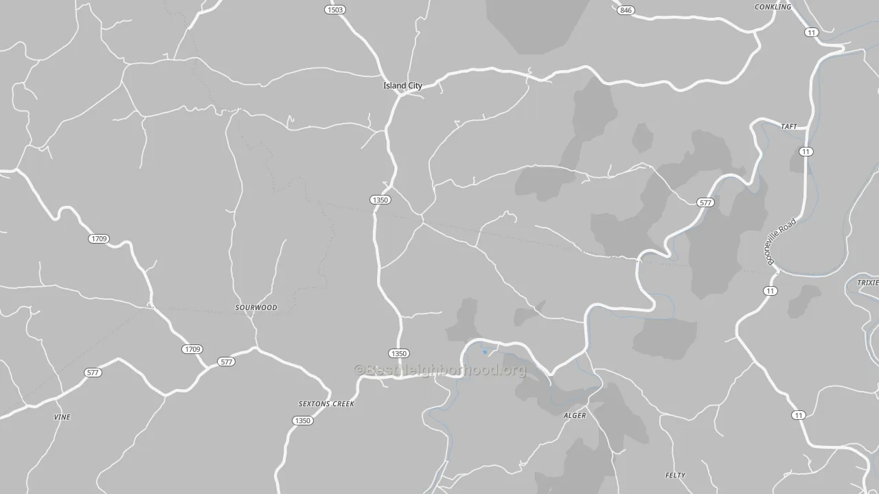 Walk Grade map of 40983, KY, walkable areas in green and car-dependent areas in red