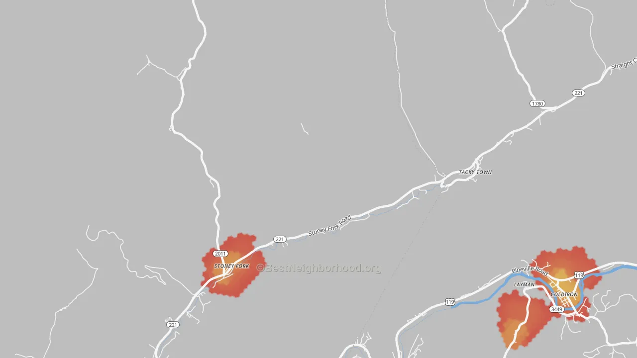 Walk Grade map of 40988, KY, walkable areas in green and car-dependent areas in red