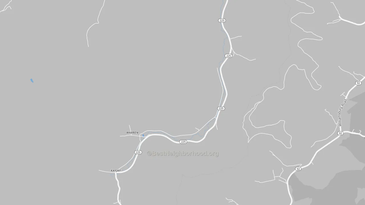 Walk Grade map of 40995, KY, walkable areas in green and car-dependent areas in red