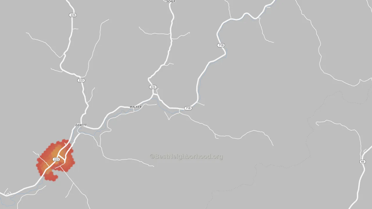 Walk Grade map of 40997, KY, walkable areas in green and car-dependent areas in red