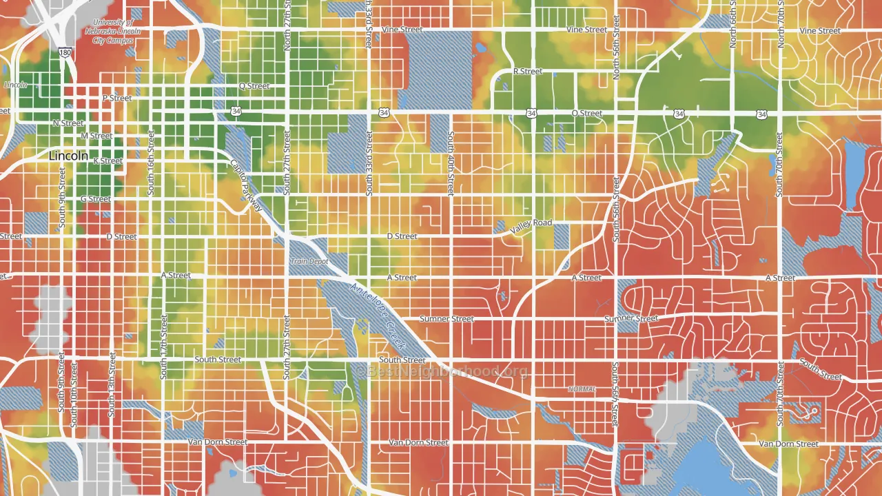 Walk Grade map of 40th and A, Lincoln, NE, walkable areas in green and car-dependent areas in red