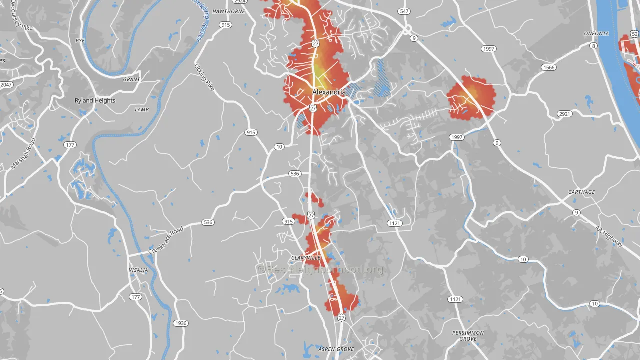 Walk Grade map of 41001, KY, walkable areas in green and car-dependent areas in red