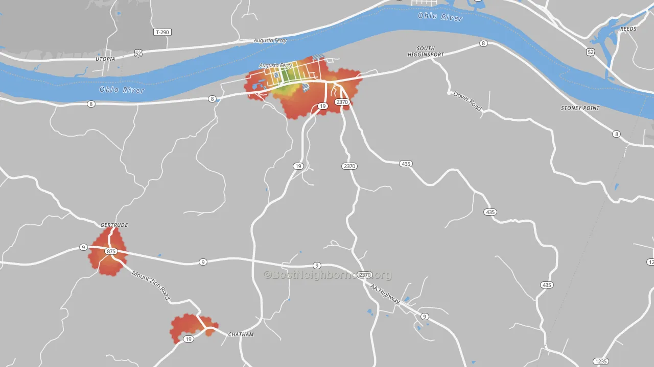 Walk Grade map of 41002, KY, walkable areas in green and car-dependent areas in red