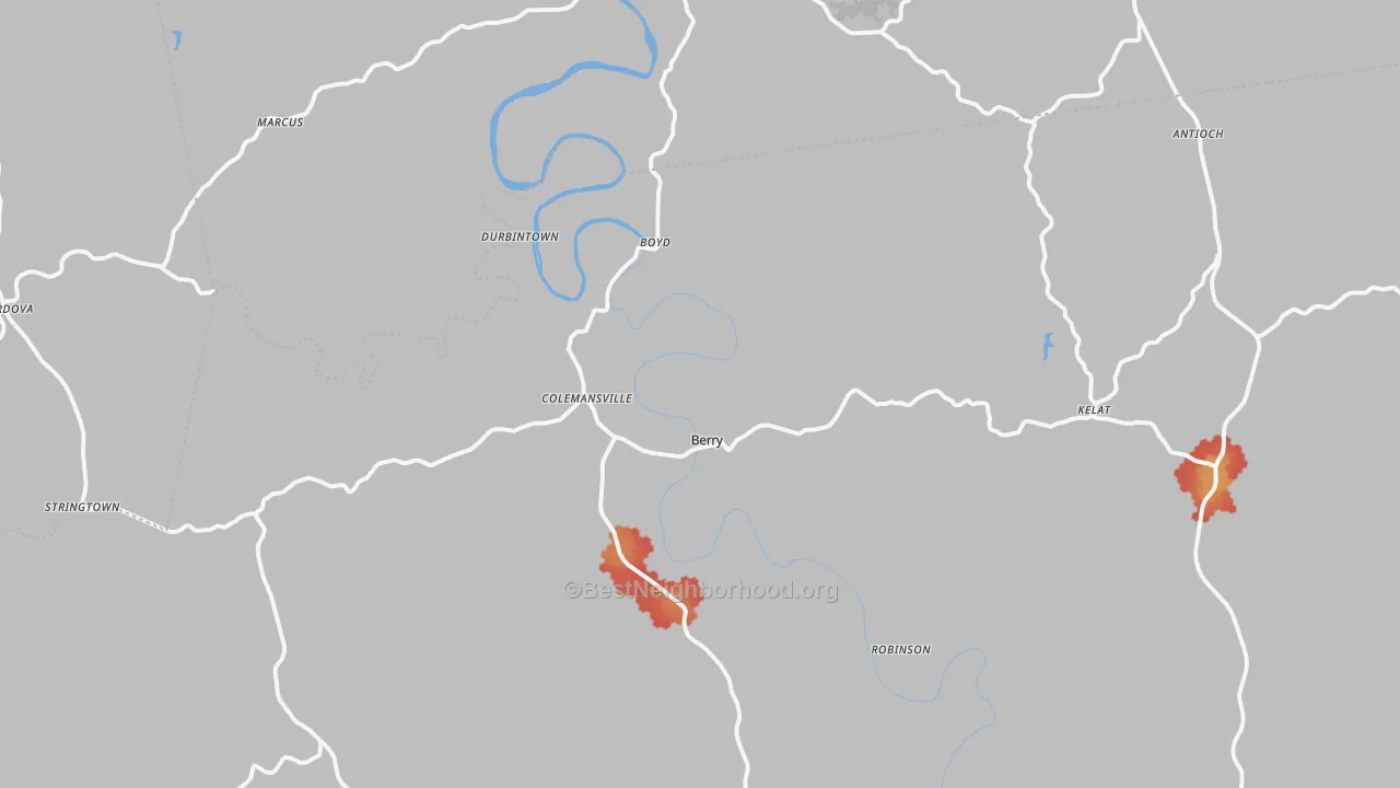 Walk Grade map of 41003, KY, walkable areas in green and car-dependent areas in red