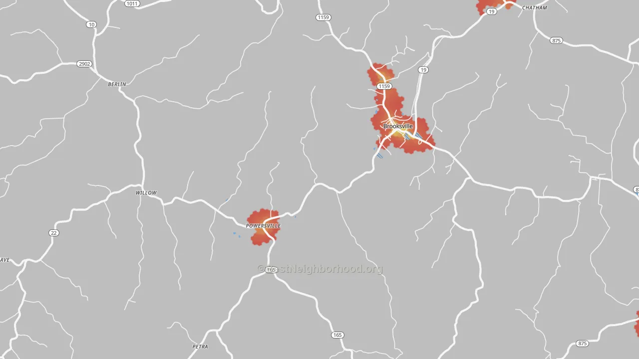 Walk Grade map of 41004, KY, walkable areas in green and car-dependent areas in red