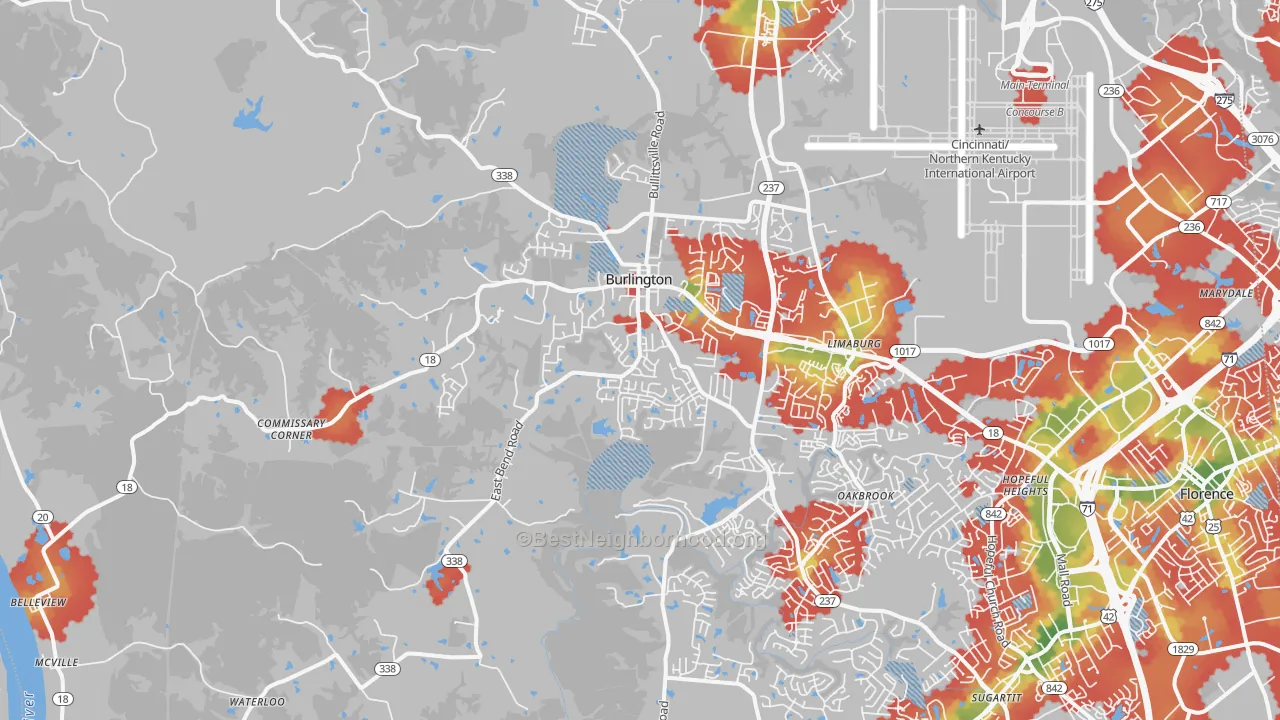 Walk Grade map of 41005, KY, walkable areas in green and car-dependent areas in red