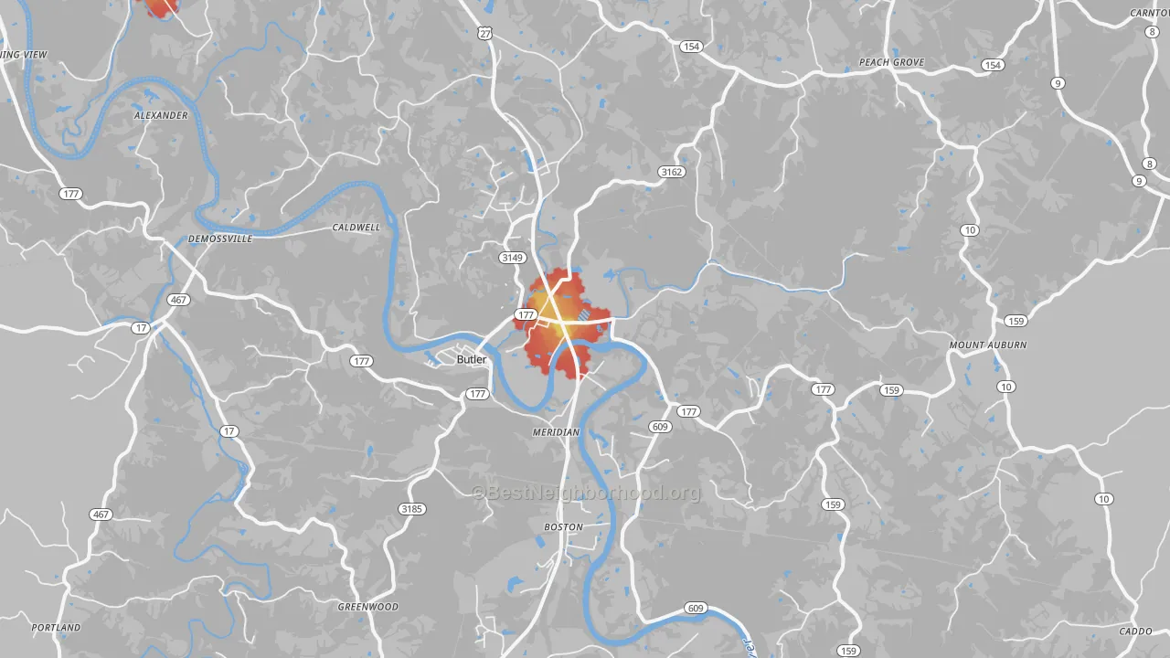 Walk Grade map of 41006, KY, walkable areas in green and car-dependent areas in red
