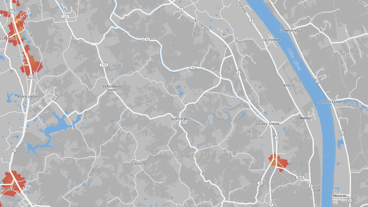 Walk Grade map of 41007, KY, walkable areas in green and car-dependent areas in red