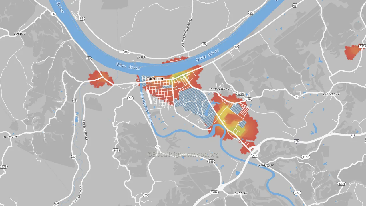 Walk Grade map of 41008, KY, walkable areas in green and car-dependent areas in red