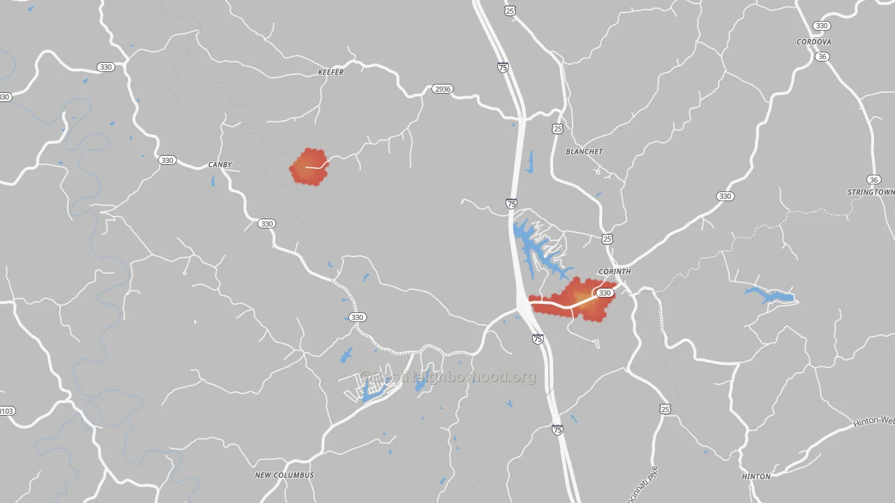 Walk Grade map of 41010, KY, walkable areas in green and car-dependent areas in red