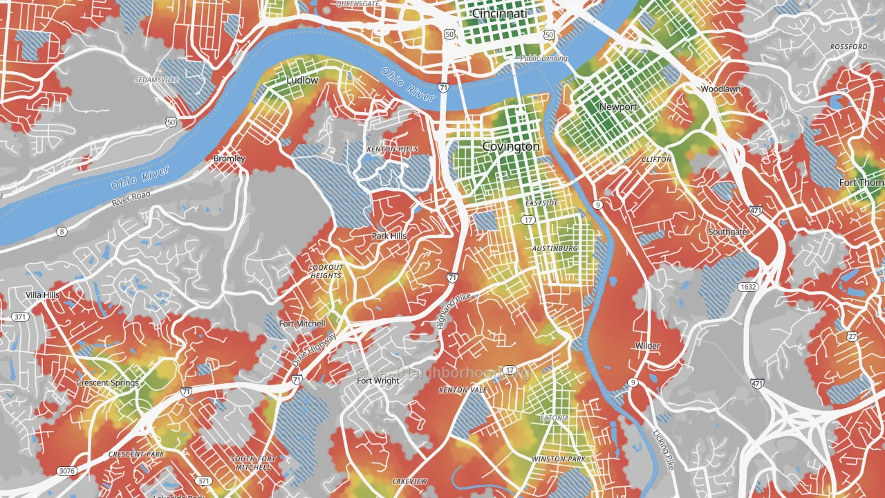 Walk Grade map of 41011, KY, walkable areas in green and car-dependent areas in red