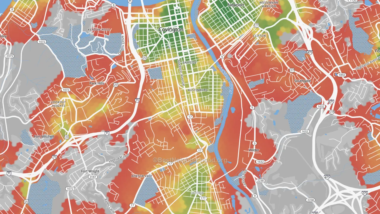 Walk Grade map of 41014, KY, walkable areas in green and car-dependent areas in red