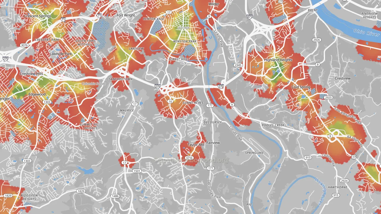 Walk Grade map of 41015, KY, walkable areas in green and car-dependent areas in red