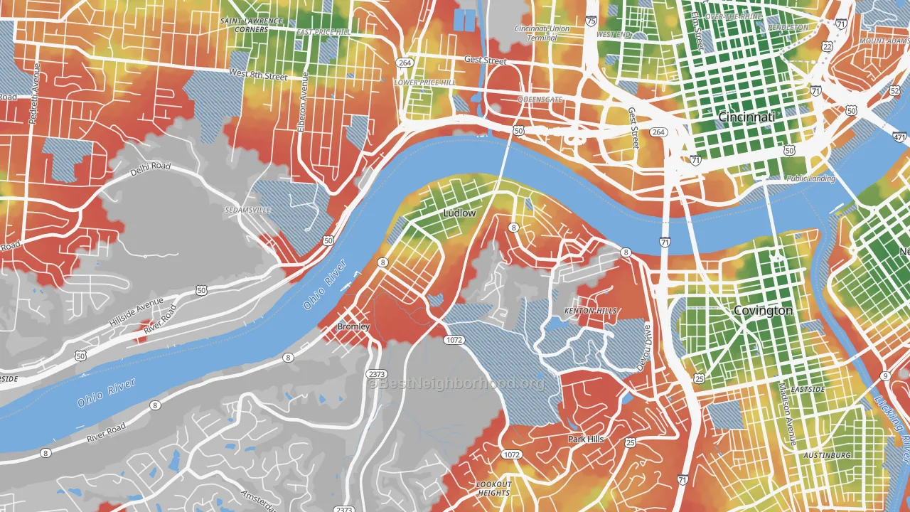 Walk Grade map of 41016, KY, walkable areas in green and car-dependent areas in red