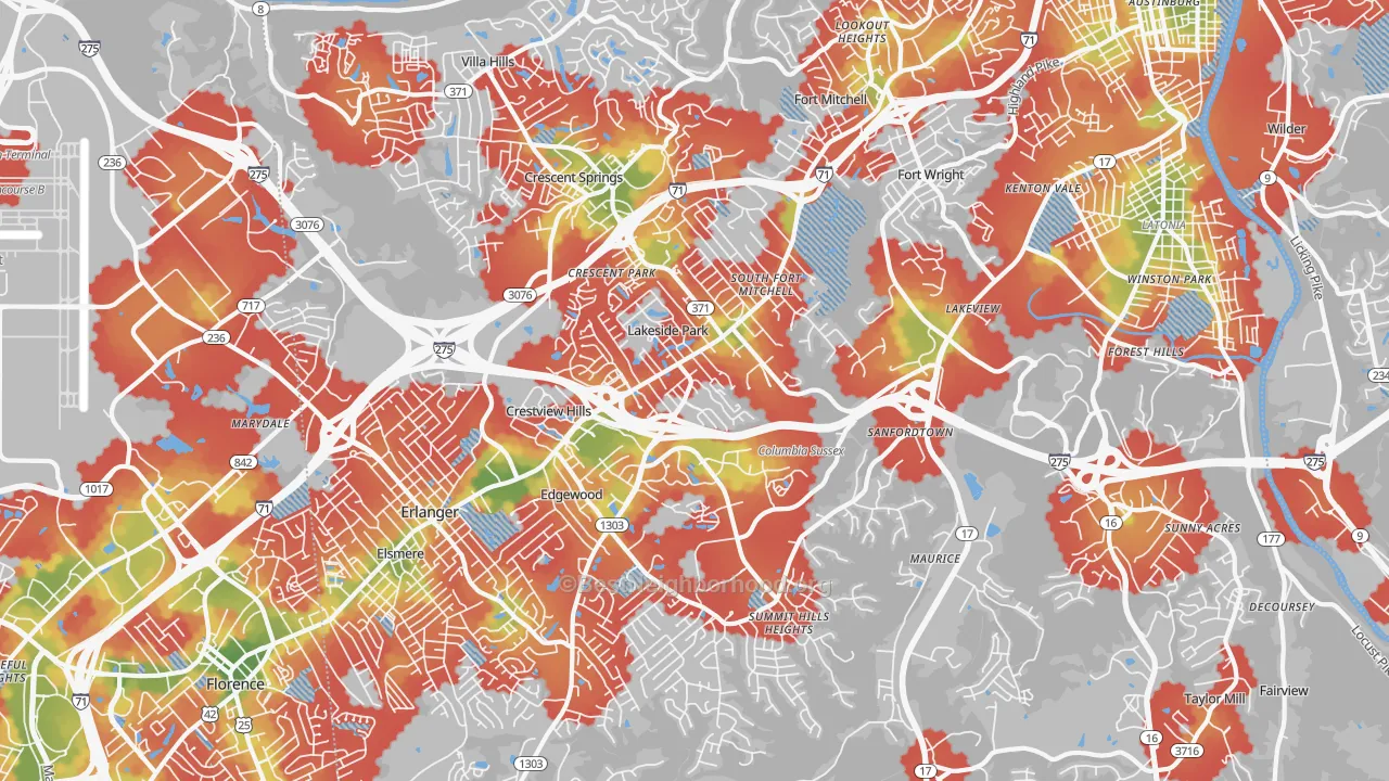 Walk Grade map of 41017, KY, walkable areas in green and car-dependent areas in red