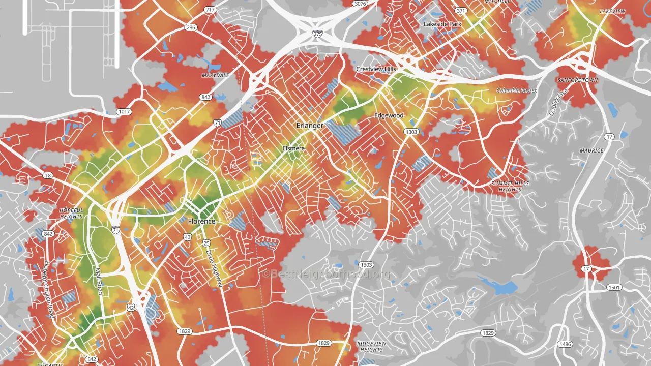 Walk Grade map of 41018, KY, walkable areas in green and car-dependent areas in red