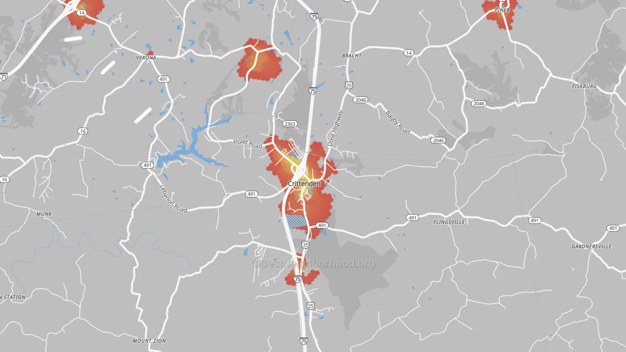 Walk Grade map of 41030, KY, walkable areas in green and car-dependent areas in red
