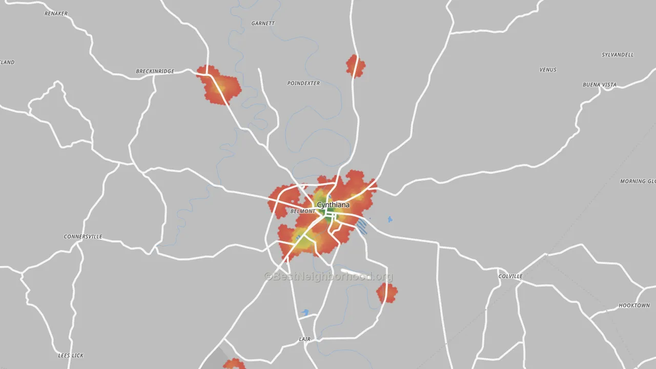 Walk Grade map of 41031, KY, walkable areas in green and car-dependent areas in red