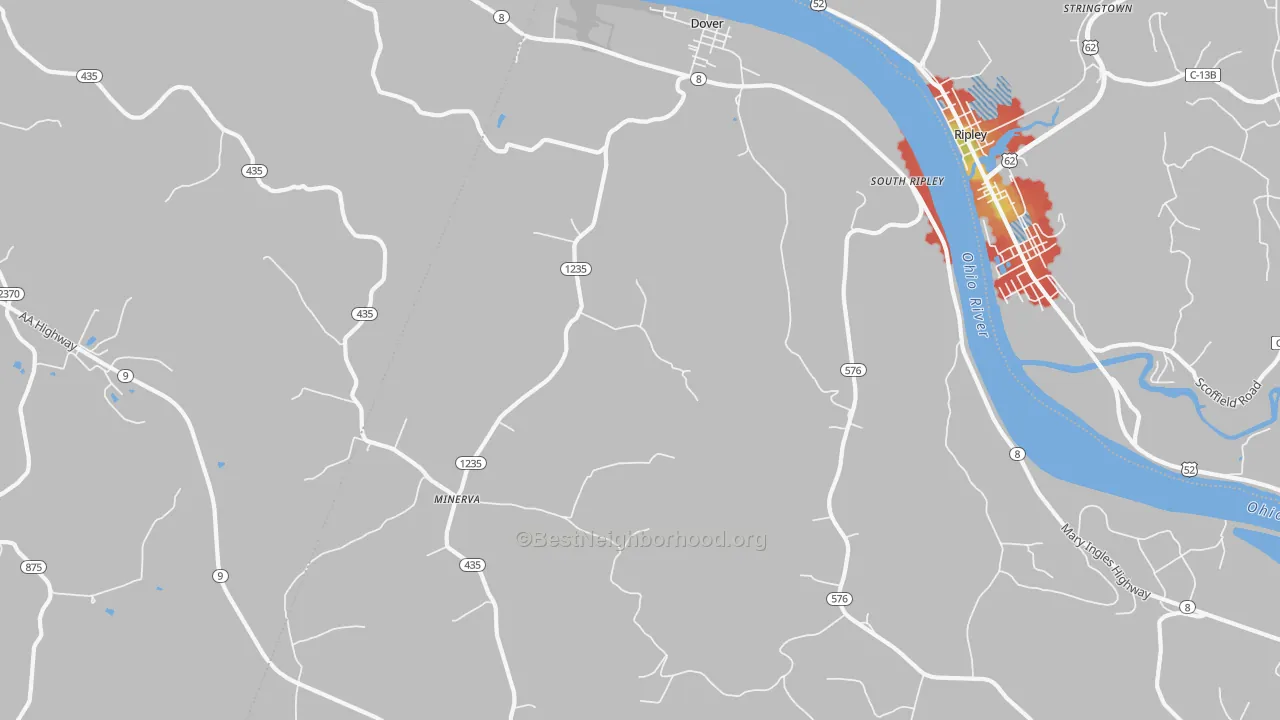 Walk Grade map of 41034, KY, walkable areas in green and car-dependent areas in red