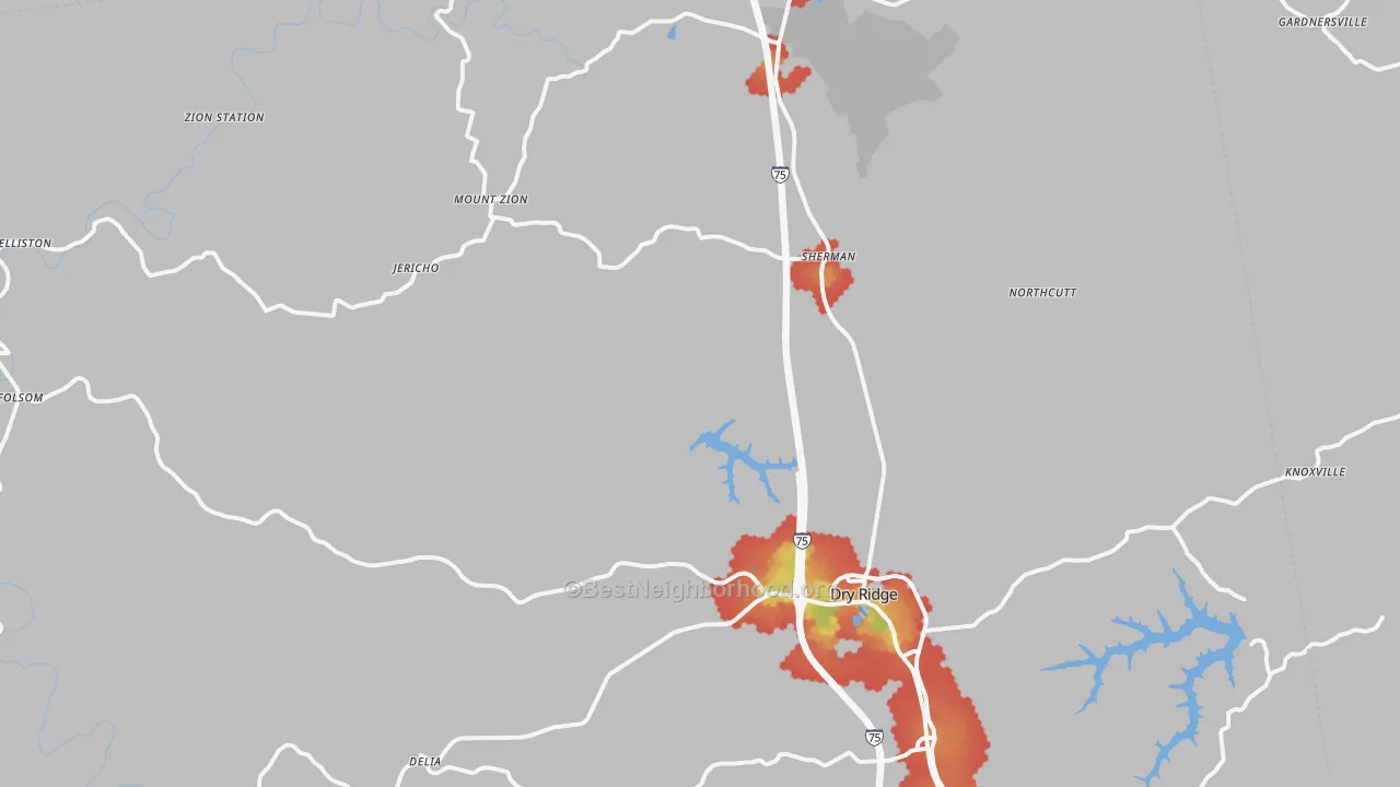 Walk Grade map of 41035, KY, walkable areas in green and car-dependent areas in red