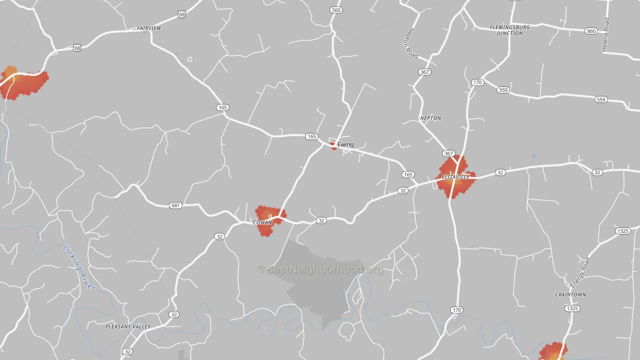 Walk Grade map of 41039, KY, walkable areas in green and car-dependent areas in red