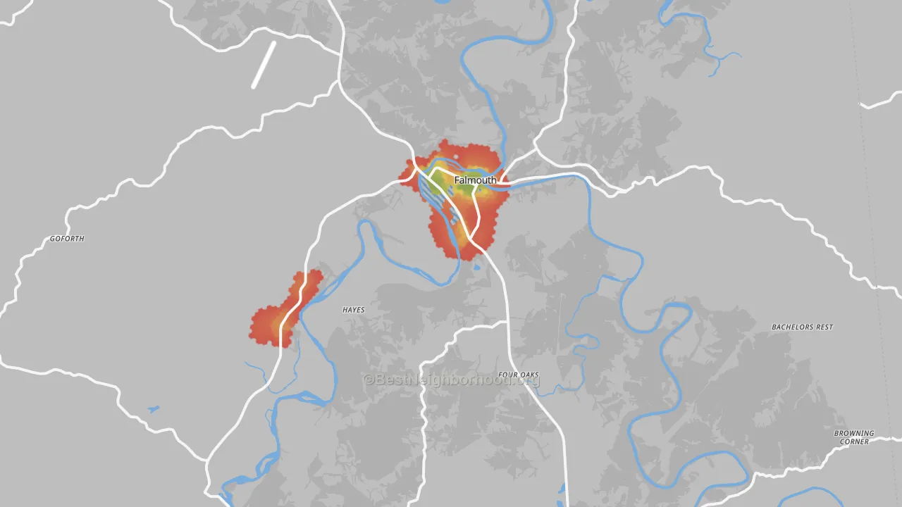Walk Grade map of 41040, KY, walkable areas in green and car-dependent areas in red