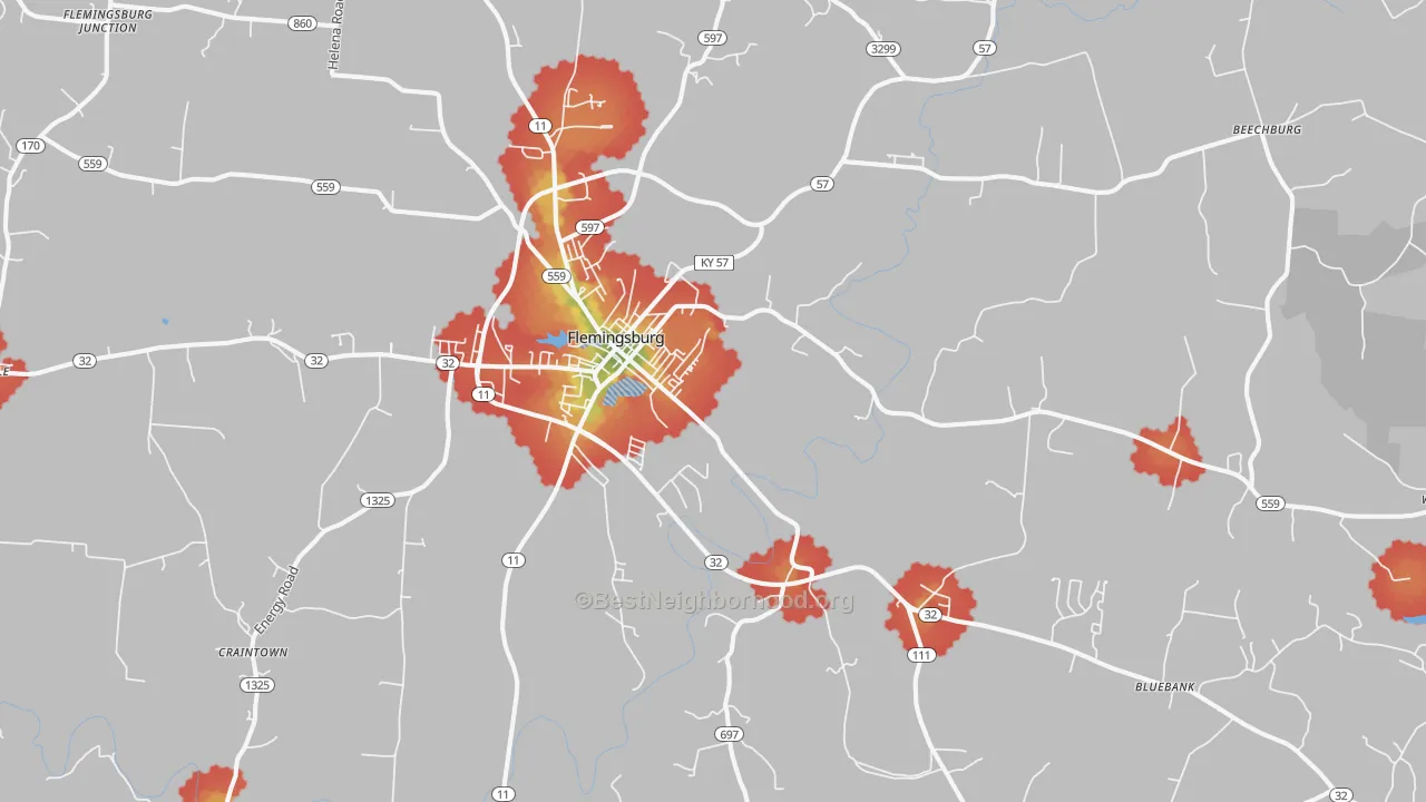 Walk Grade map of 41041, KY, walkable areas in green and car-dependent areas in red