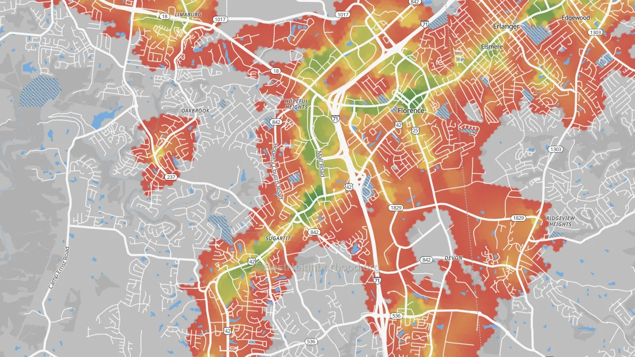 Walk Grade map of 41042, KY, walkable areas in green and car-dependent areas in red