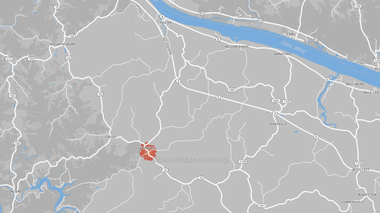 Walk Grade map of 41043, KY, walkable areas in green and car-dependent areas in red