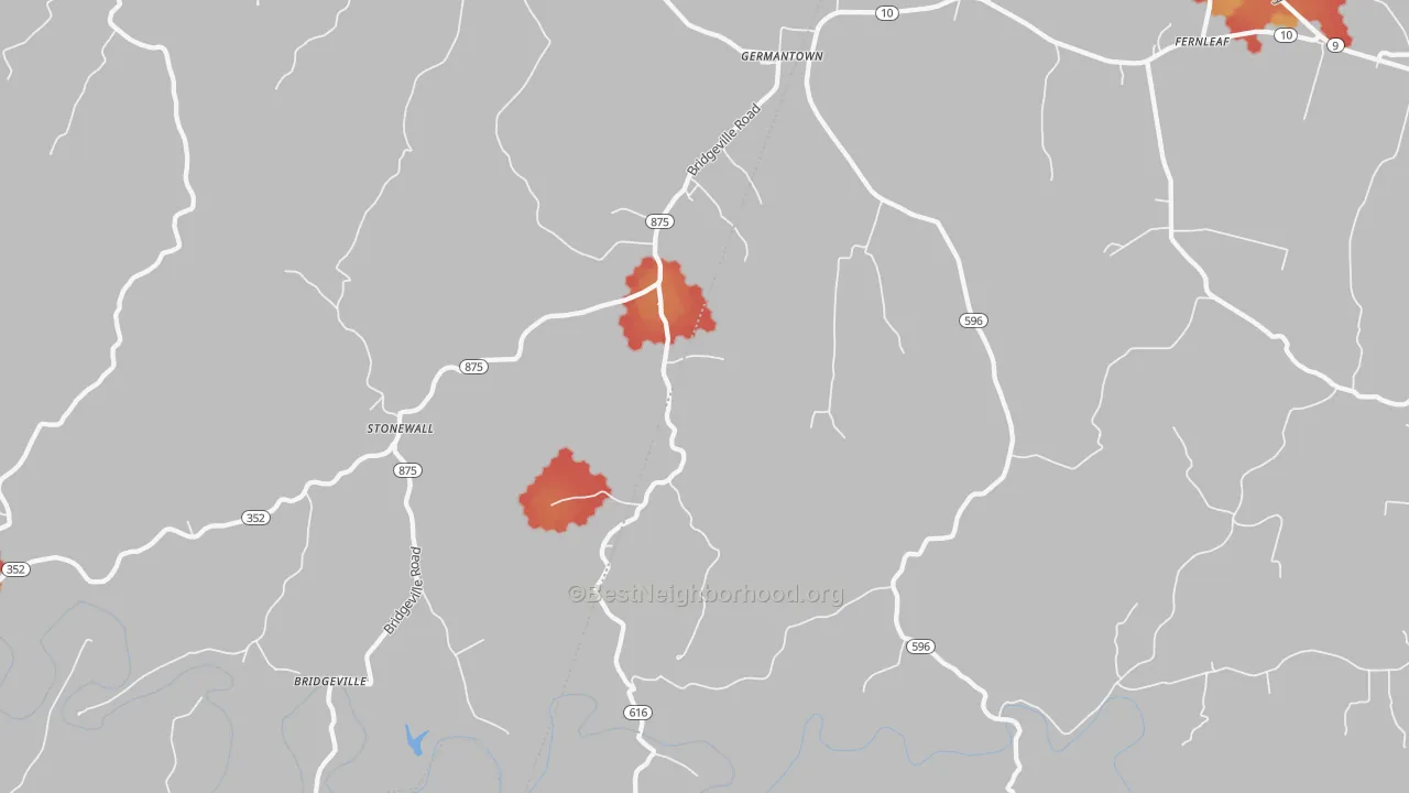 Walk Grade map of 41044, KY, walkable areas in green and car-dependent areas in red