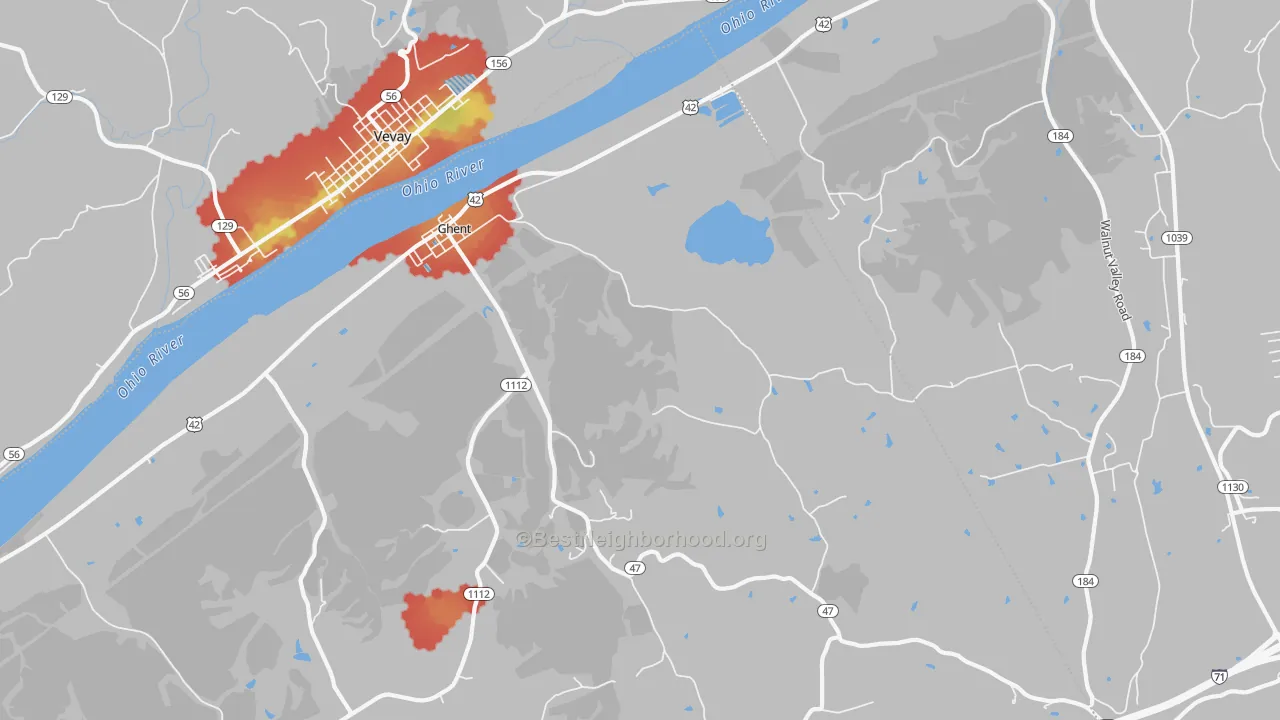 Walk Grade map of 41045, KY, walkable areas in green and car-dependent areas in red