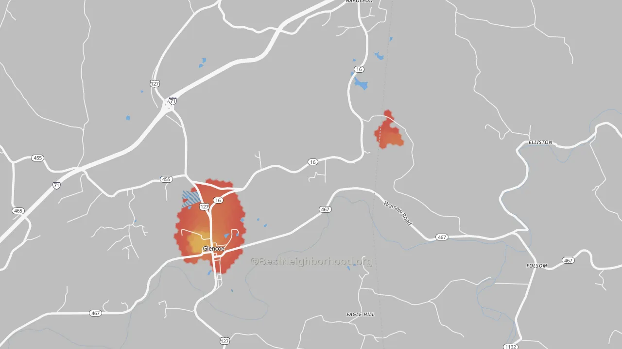 Walk Grade map of 41046, KY, walkable areas in green and car-dependent areas in red