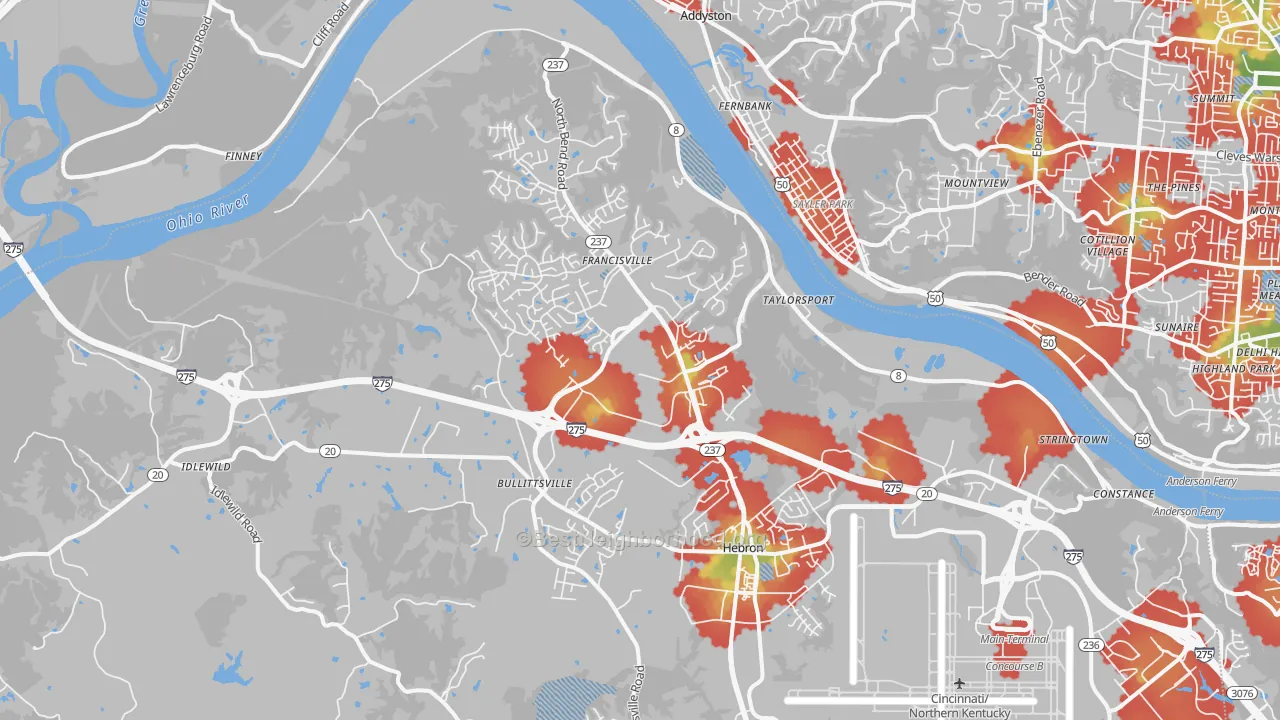 Walk Grade map of 41048, KY, walkable areas in green and car-dependent areas in red