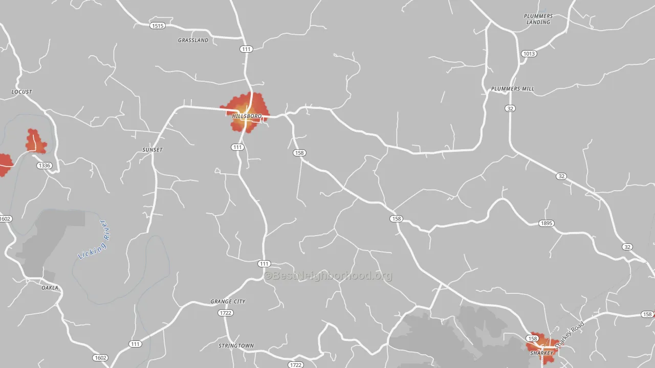Walk Grade map of 41049, KY, walkable areas in green and car-dependent areas in red