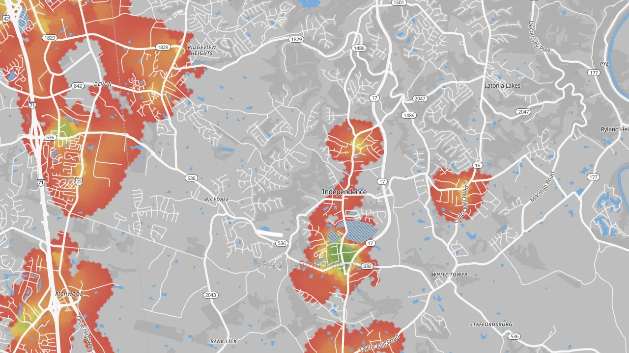 Walk Grade map of 41051, KY, walkable areas in green and car-dependent areas in red