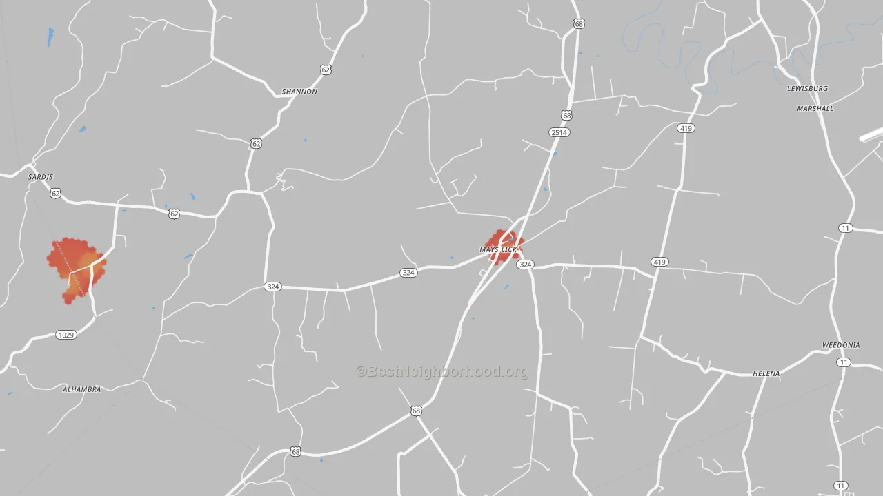 Walk Grade map of 41055, KY, walkable areas in green and car-dependent areas in red